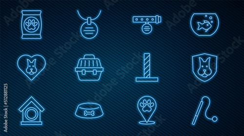 Set line Pet cat toy, Animal health insurance, Collar with name tag, carry case, Heart dog, Bag of food for pet, Cat scratching post and icon. Vector