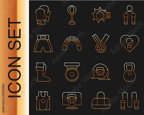 Set line Jump rope, Weight, Boxing glove, Punch boxing, Mouth guard boxer, short, and Medal icon. Vector