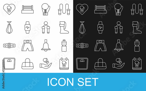 Set line Boxing glove, Fitness shaker, Sport boxing shoes, Smart watch with heart, Punching bag, and Jump rope icon. Vector