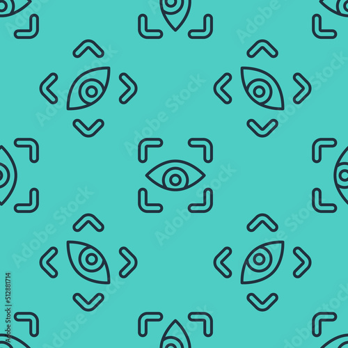 Black line Eye scan icon isolated seamless pattern on green background. Scanning eye. Security check symbol. Cyber eye sign. Vector