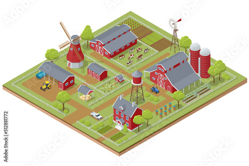 Isometric agricultural farm buildings, windmill barn and silo sheds hay garden beds and tractor. Pulling, pushing agricultural machinery, trailers, ploughing, tilling, disking, harrowing, planting.
