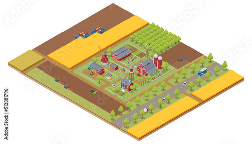 Isometric agricultural farm buildings, windmill barn and silo sheds hay garden beds and tractor. Pulling, pushing agricultural machinery, trailers, ploughing, tilling, disking, harrowing, planting.
