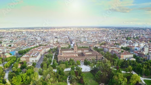 Aerial drone panoramic view of Sforza Castle with park area place luxurious residential landmark in Milan city italian palace government imperial fortress stronghold historical fortification heritage photo