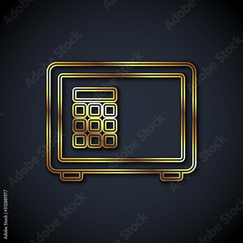 Gold line Safe icon isolated on black background. The door safe a bank vault with a combination lock. Reliable Data Protection. Vector