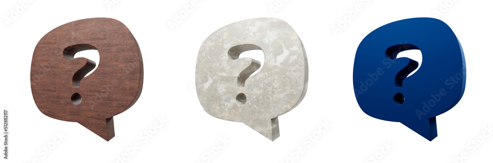 Speech bubble with question. Question mark, in different textures under white background. Wood, concrete and colorful 3d illustration. Doubt, questioning, FAQ, conversation, communication. Design. Speech bubble with question. Question mark, in different textures under white background. Wood, concrete and colorful 3d illustration. Doubt, questioning, FAQ, conversation, communication. Design.