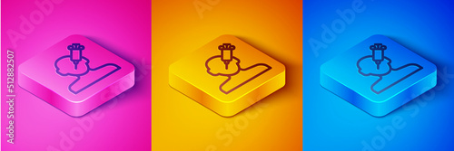 Isometric line Addiction to the drug icon isolated on pink and orange, blue background. Heroin, narcotic, addiction, illegal. Sick junkie with a syringe and medical pills. Square button. Vector