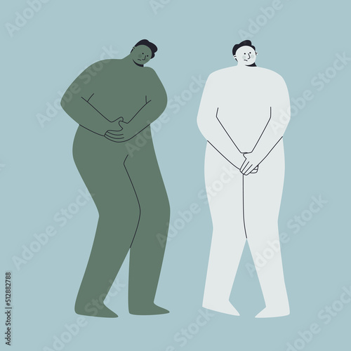 Illustration of two patient characters. One with a cast on his arm, the other with a cast on his leg and on crutches. Problems of traumatology patients. Vector.