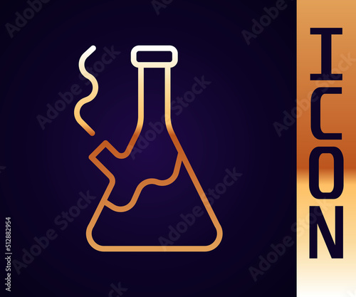 Gold line Glass bong for smoking marijuana or cannabis icon isolated on black background. Vector