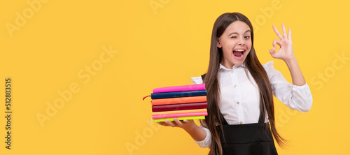 happy teen girl in school uniform hold book stack show ok gesture, self education. Banner of school girl student. Schoolgirl pupil portrait with copy space.