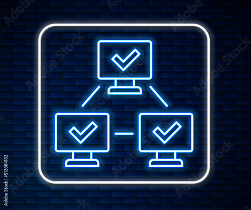 Glowing neon line NFT blockchain technology icon isolated on brick wall background. Non fungible token. Digital crypto art concept. Vector