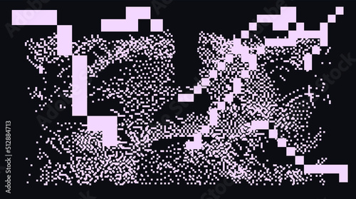 Pixel art illustration of a glitchy computer screen. Abstract geometric retro background.