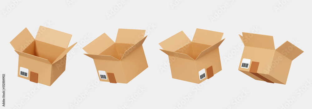 Fototapeta premium 3D Cardboard open box collection icon set. Floating delivery cargo box with barcode. Animation rotation. Shipping concept. Cartoon creative design icon isolated on white background. 3D Rendering