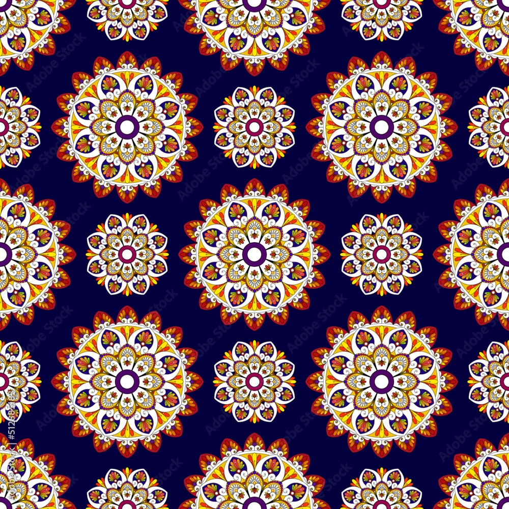 Ikat mandala ethnic seamless pattern design. Aztec fabric carpet mandala ornaments textile decorations wallpaper. Tribal boho native turkey traditional embroidery vector background Ikat mandala ethnic seamless pattern design. Aztec fabric carpet mandala ornaments textile decorations wallpaper. Tribal boho native turkey traditional embroidery vector background