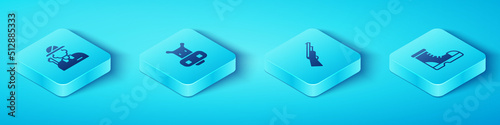 Set Isometric Hunter, Hippo or Hippopotamus, boots and Hunting gun icon. Vector