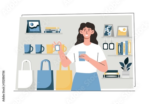 Woman with souvenirs. Girl buys mug and keychain with printed company or country logos. Tourist carries gifts from her trip to friends, colleagues and family. Cartoon flat vector illustration