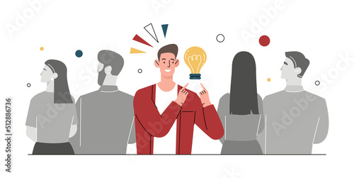 Think different concept. Man with idea stands out from grey crowd, creative person and genius with insight. Unusual character, entrepreneur develops start up. Cartoon flat vector illustration