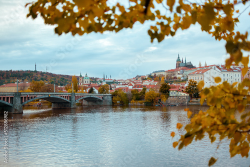 Prague city with Vltava river and Saint Vitus Cathedral view
