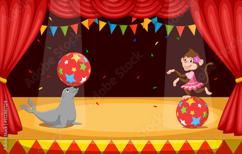 Cartoon seal and monkey performing ball balance on stage