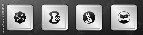 Set Cookie or biscuit, No leather, Rabbit and Sprout icon. Silver square button. Vector