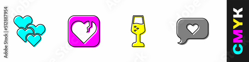 Set Heart, Broken heart or divorce, Glass of champagne and in speech bubble icon. Vector