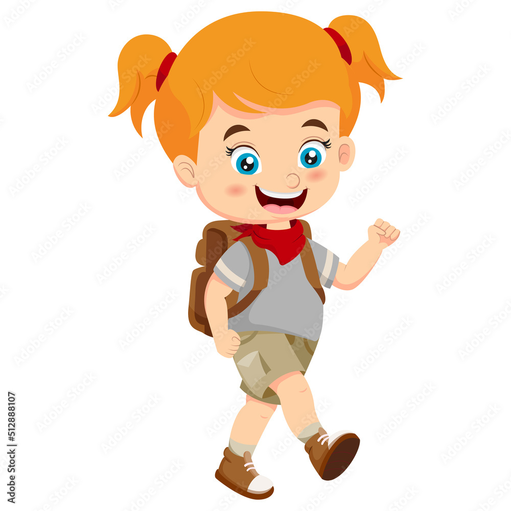 Cartoon girl explorer with backpack walking