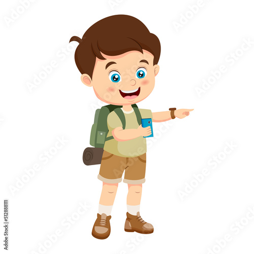 Cartoon boy explorer taking a photo