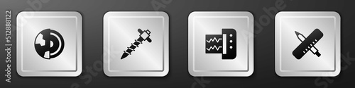Set Earth core structure crust, Construction jackhammer, Seismograph and Crossed ruler and pencil icon. Silver square button. Vector