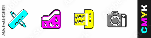Set Crossed ruler and pencil, Ground, Seismograph and Photo camera icon. Vector