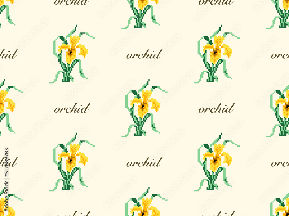 Obraz premium Orchid cartoon character seamless pattern on yellow background. Pixel style