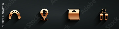 Set Mouth guard boxer, Boxing glove, Bathroom scales and Jump rope icon with long shadow. Vector