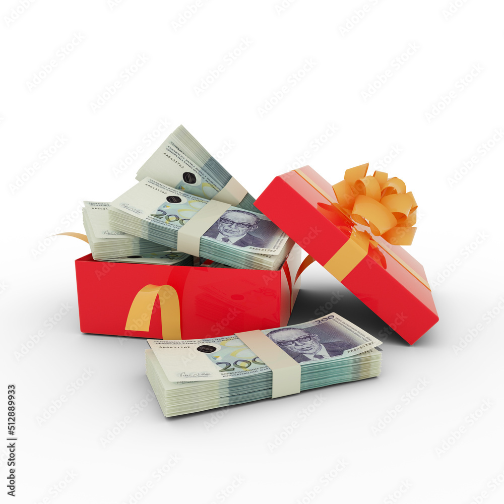 Stack of 200 Bosnia and Herzegovina convertible mark notes inside an open red gift box. Bundles of Bosnia and Herzegovina convertible mark inside a gift box. 3d rendering of money inside box - obrazy, fototapety, plakaty 