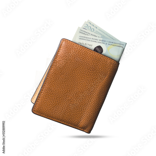 3D rendering of 200 Bosnia and Herzegovina convertible mark notes popping out of a brown leather men’s wallet. Bosnia and Herzegovina convertible mark in wallet