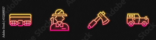Set line Wooden axe, Hunting cartridge belt, Hunter and Off road. Glowing neon icon. Vector