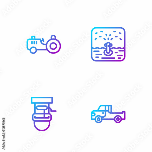 Set line Pickup truck, Well with bucket, Tractor and Automatic irrigation sprinklers. Gradient color icons. Vector