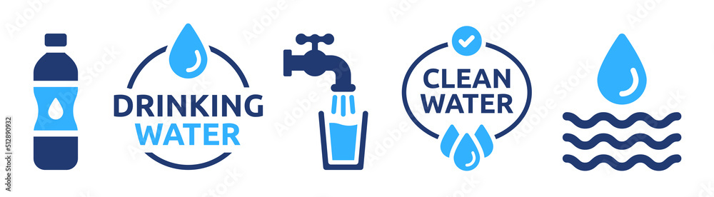 Drinking water icon vector set. Tap water with glass, bottle and clean water sign symbol illustration.