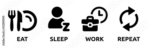 Routine icon vector. Daily lifestyle concept banner with  eat, sleep, work and repeat everyday symbol illustration.