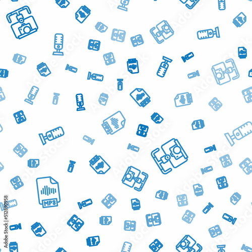 Set line MP3 file document, Gimbal stabilizer with camera and Microphone on seamless pattern. Vector