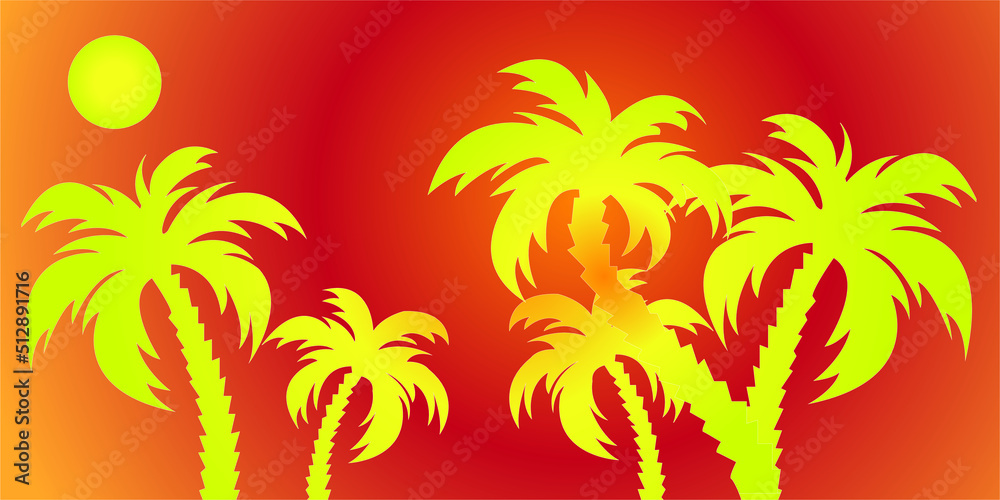  Cartoon flat panoramic landscape, sunset with the palms on colourful background..eps