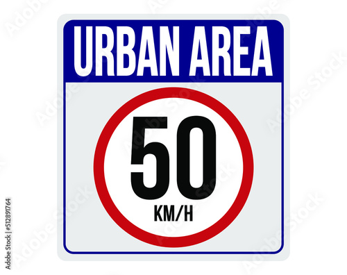 Urban area 50km/h. Traffic sign to reduce speed in the city.