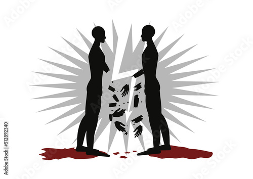 Broken relationships, friendship, love. Misunderstanding, divorce wounds people, makes them feel pain. Two men are separated, loose their partner or friend.
