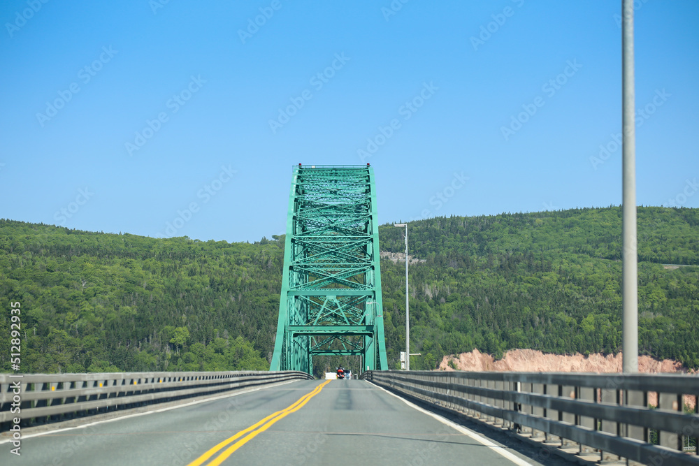 Seal Island Bridge at Victoria County, Nova Scotia connecting Cape Breton. The truss arch bridge is built on Great Bras d'Or channel of Bras d'Or Lake and part of Trans-Canada Highway 105 project