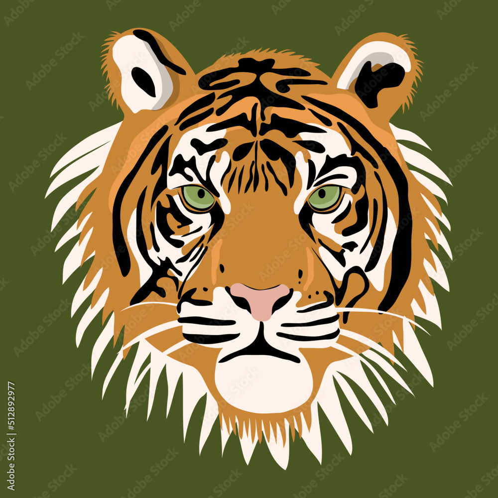 Tiger animal face. Vector cute Bengal, Siberian tiger head portrait. Realistic fur striped beast of tiger. Predator eyes of safari wildcat. Big cat head on beige background Tiger animal face. Vector cute Bengal, Siberian tiger head portrait. Realistic fur striped beast of tiger. Predator eyes of safari wildcat. Big cat head on beige background