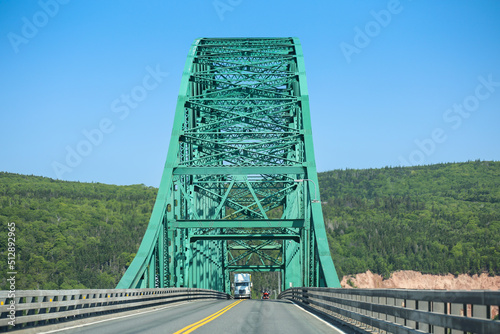Seal Island Bridge at Victoria County, Nova Scotia connecting Cape Breton. The truss arch bridge is built on Great Bras d'Or channel of Bras d'Or Lake and part of Trans-Canada Highway 105 project