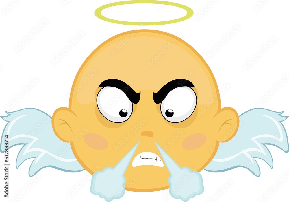 Vector illustration of a cartoon yellow angel face with an angry expression and fuming