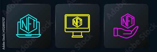 Set line Laptop with art store app, NFT Digital crypto and Monitor. Black square button. Vector