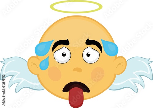 Vector illustration of the face of an exhausted yellow cartoon angel, with his tongue out and drops of sweat on his head