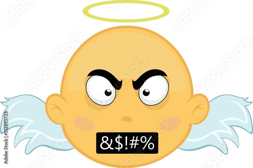 Vector illustration of the face of a yellow cartoon angel with an expression of anger and insults
