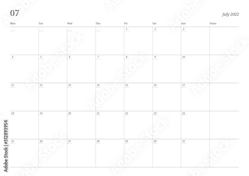 July 2022 simple design digital and printable calendar template illustration. Notes, scheduler, diary, calendar, memo, planner document template background. 
