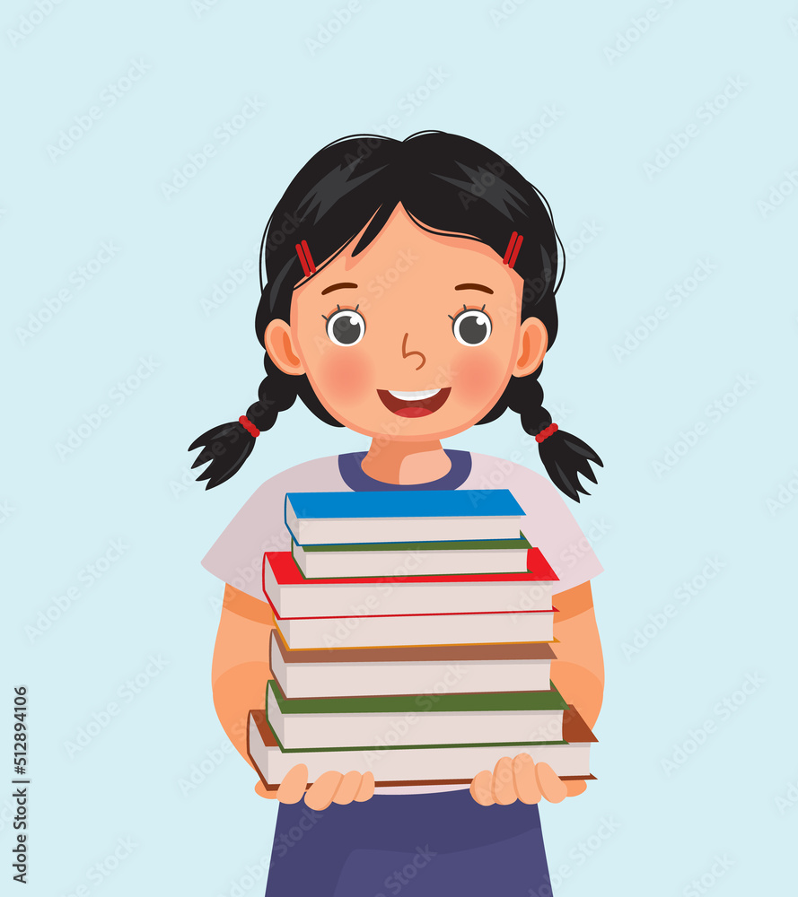 cute little girl student holding stack of books cute little girl student holding stack of books