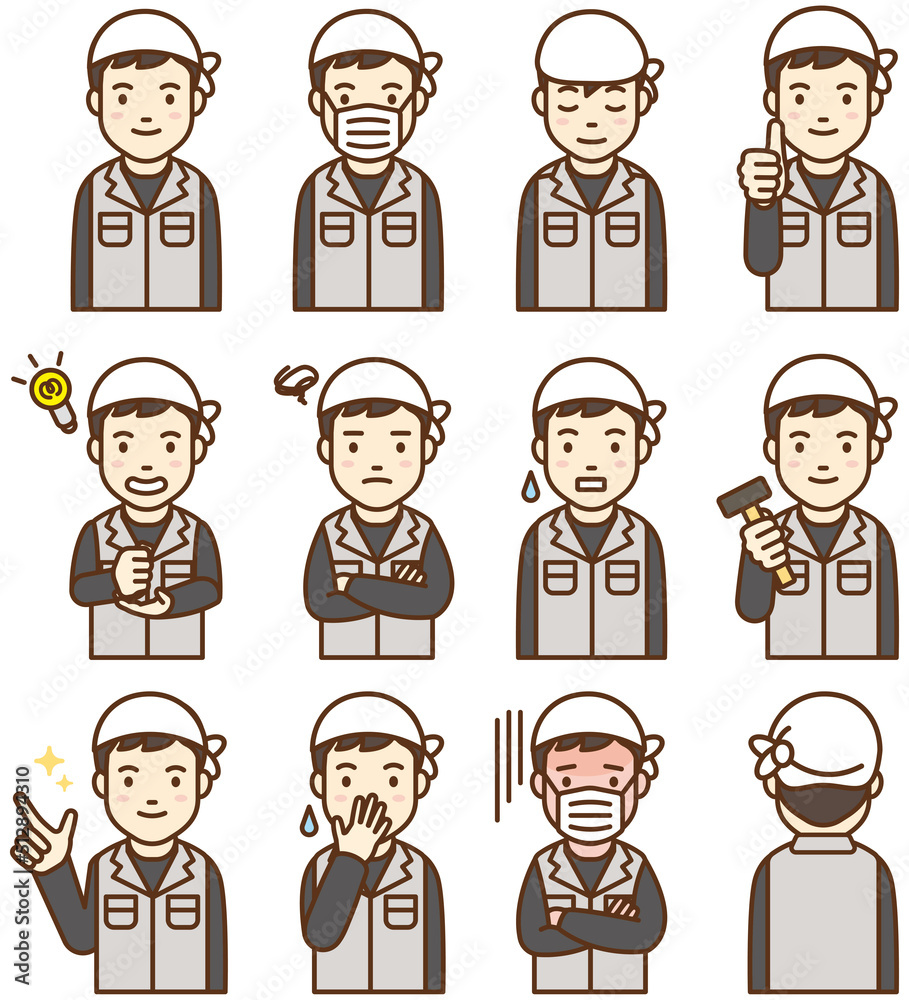 Set of 12 illustrations of Japanese carpenters Set of 12 illustrations of Japanese carpenters